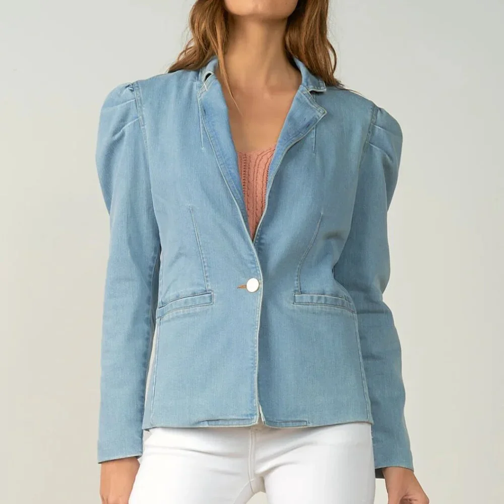 Elan Puff Sleeve Light Denim Blazer Minimalist Capsule Wardrobe Western Preppy